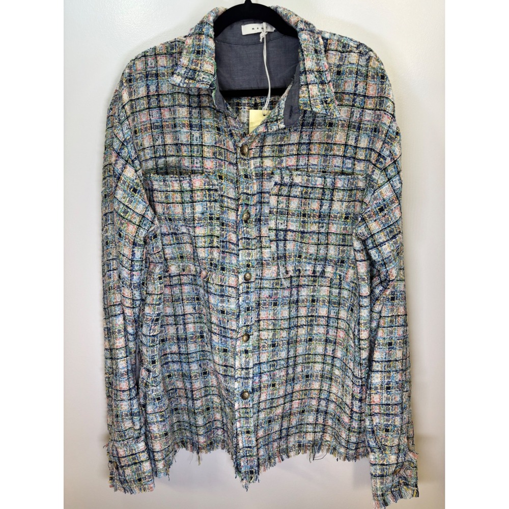 mnml Raw Edge‎ Flannel Shirt Jacket Blue White Plaid Tweed Frayed Hem Men's L